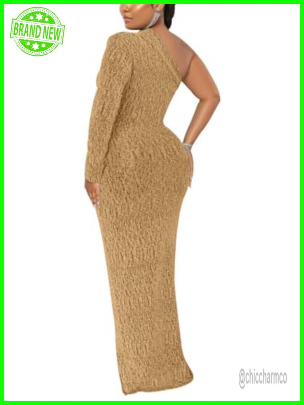 Women's One Shoulder Sequin Maxi Dress Long Sleeve High Slit Formal - Picture 3 of 5